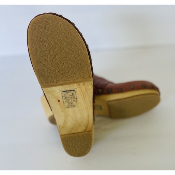 Free People Chloe Clogs Brown Leather Wood Base Pattern Band Studs 37.5/6.5- 7 - Picture 14 of 14